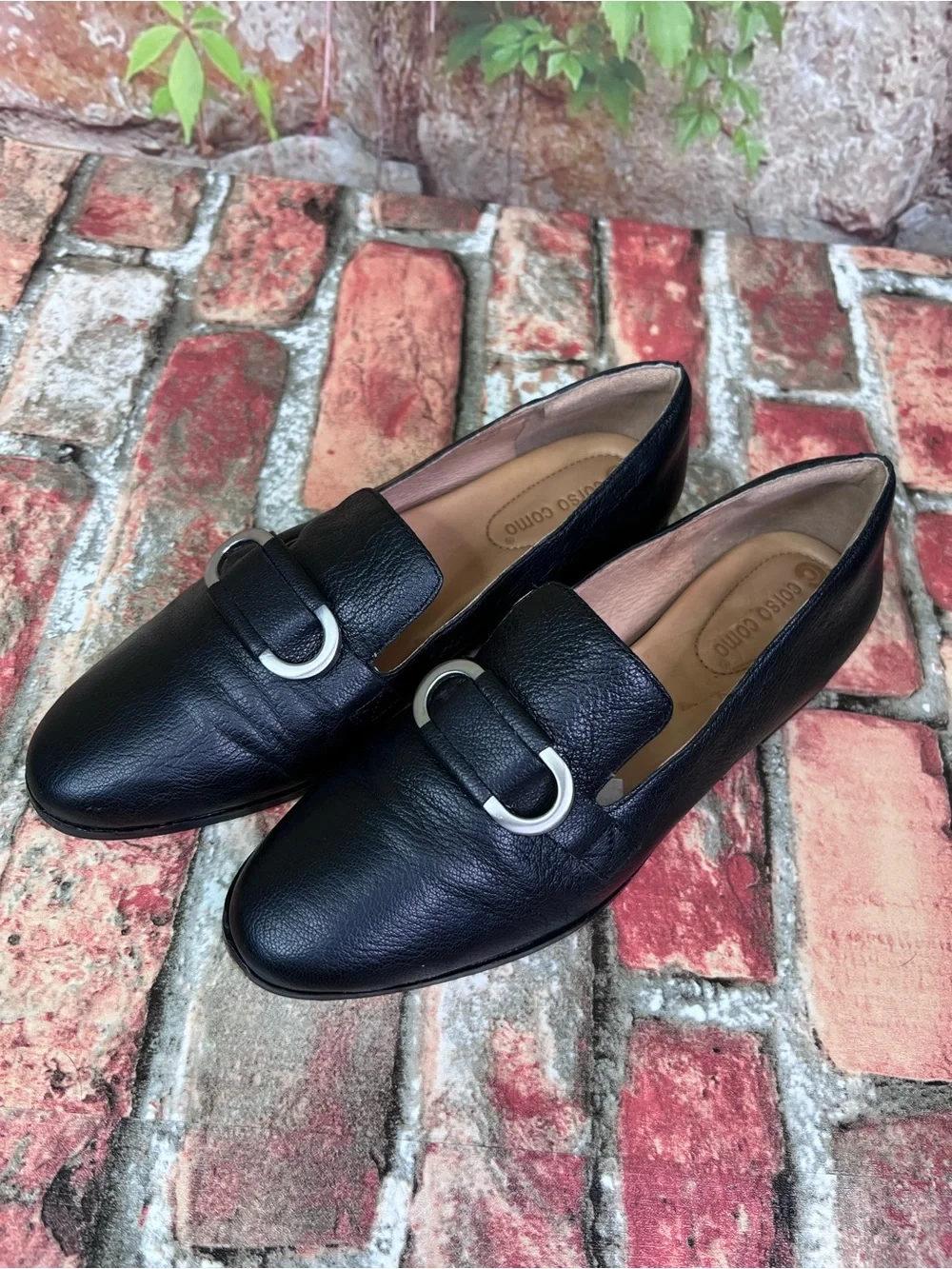 CORSO COMO Black Leather Quiet Luxury Minimalist Loafers with Silver Buckle, 7.5_4